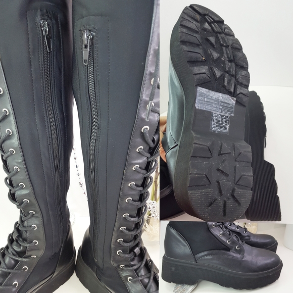 🔥Over Knee Lace-Up Zipped Black Platform Stretchy Socks Boots - Picture 7 of 10